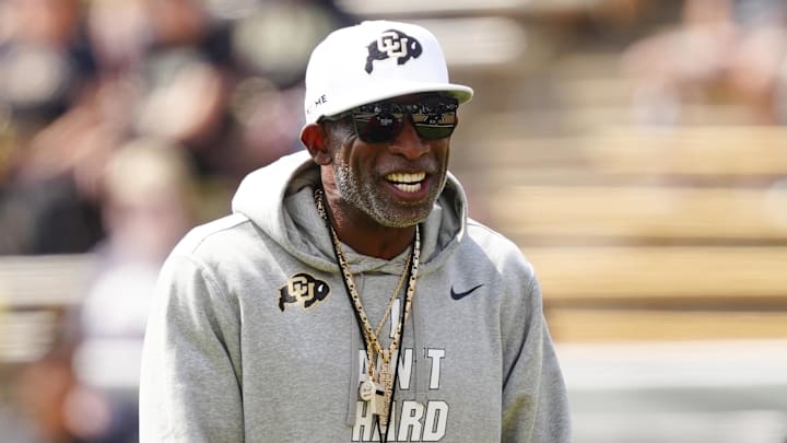 Sep 6, 2025; Boulder, Colorado, USA; Colorado Buffaloes head coach Deion Sanders before the game against the Delaware Fightin Blue Hens at Folsom Field. Mandatory Credit: Ron Chenoy-Imagn Images Sep 6, 2025; Boulder, Colorado, USA; Colorado Buffaloes head coach Deion Sanders before the game against the Delaware Fightin Blue Hens at Folsom Field. Mandatory Credit: Ron Chenoy-Imagn Images