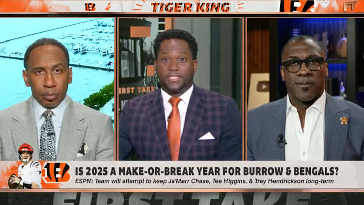 Stephen A. Smith, Harry Douglas and Shannon Sharpe discuss the Cincinnati Bengals on ‘First Take.' Stephen A. Smith, Harry Douglas and Shannon Sharpe discuss the Cincinnati Bengals on ‘First Take.'