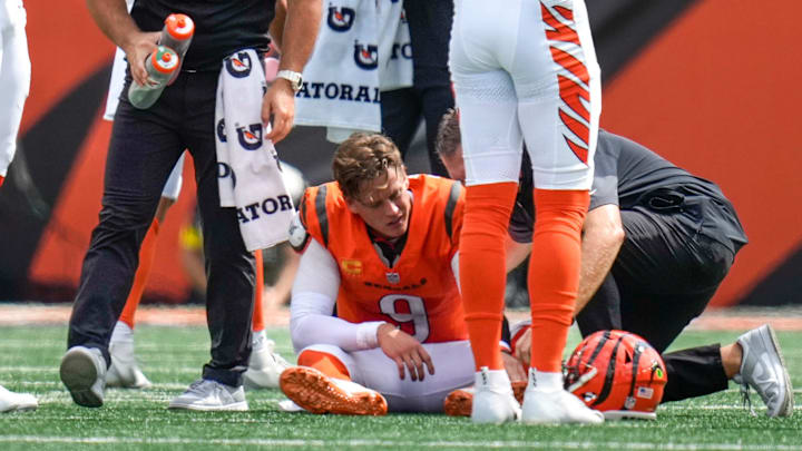Cincinnati Bengals quarterback Joe Burrow is examined after being injured during a game against the Jacksonville Jaguars at Paycor Stadium Cincinnati Bengals quarterback Joe Burrow is examined after being injured during a game against the Jacksonville Jaguars at Paycor Stadium