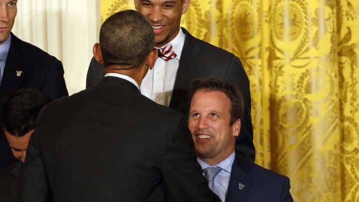 May 31, 2016; Washington, DC, USA; President Barack Obama (L) shakes hands with Villanova Wildcats athletic director Mark Jackson (R) during a ceremony honoring the 2016 NCAA men's basketball champion Wildcats in the East Room at The White House.