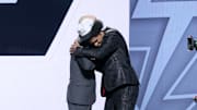 Jun 25, 2025; Brooklyn, NY, USA;  Dylan Harper embraces NBA commissioner Adam Silver after being selected as the second pick by the San Antonio Spurs in the first round of the 2025 NBA Draft at Barclays Center. Mandatory Credit: Brad Penner-Imagn Images