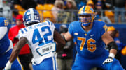 Pittsburgh Panthers offensive lineman Matt Goncalves (76) blocks at the line of scrimmage against Duke Blue Devils linebacker Shaka Heyward (42) during the first quarter at Acrisure Stadium.