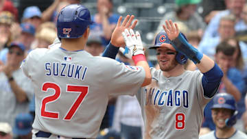 May 1, 2025; Pittsburgh, Pennsylvania, USA;  Chicago Cubs left fielder Ian Happ (8) congratulates designated hitter Seiya Suzuki (27) on his two run home run against the Pittsburgh Pirates during the seventh inning at PNC Park. Mandatory Credit: Charles LeClaire-Imagn Images