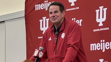 Overjoyed Indiana coach Curt Cignetti speaks to the media after the No. 8 Hoosiers defeated Michigan 20-15 on Nov. 9, 2024.