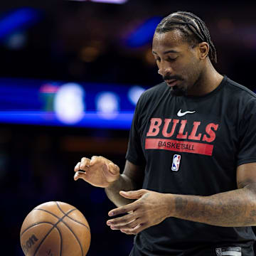 Jan 2, 2024; Philadelphia, Pennsylvania, USA; Chicago Bulls center Andre Drummond warms up before action against the Philadelphia 76ers at Wells Fargo Center. Mandatory Credit: Bill Streicher-Imagn Images