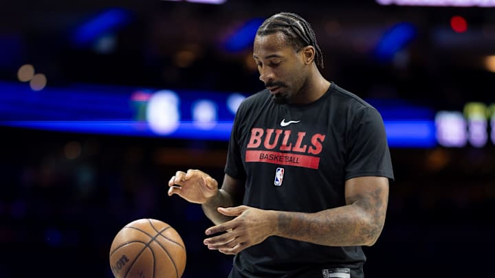 Jan 2, 2024; Philadelphia, Pennsylvania, USA; Chicago Bulls center Andre Drummond warms up before action against the Philadelphia 76ers at Wells Fargo Center. Mandatory Credit: Bill Streicher-Imagn Images