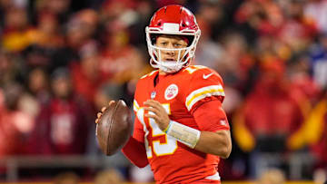Nov 1, 2021; Kansas City, Missouri, USA; Kansas City Chiefs quarterback Patrick Mahomes (15) against the New York Giants during the second half at GEHA Field at Arrowhead Stadium. Mandatory Credit: Jay Biggerstaff-Imagn Images