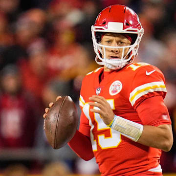 Nov 1, 2021; Kansas City, Missouri, USA; Kansas City Chiefs quarterback Patrick Mahomes (15) against the New York Giants during the second half at GEHA Field at Arrowhead Stadium. Mandatory Credit: Jay Biggerstaff-Imagn Images