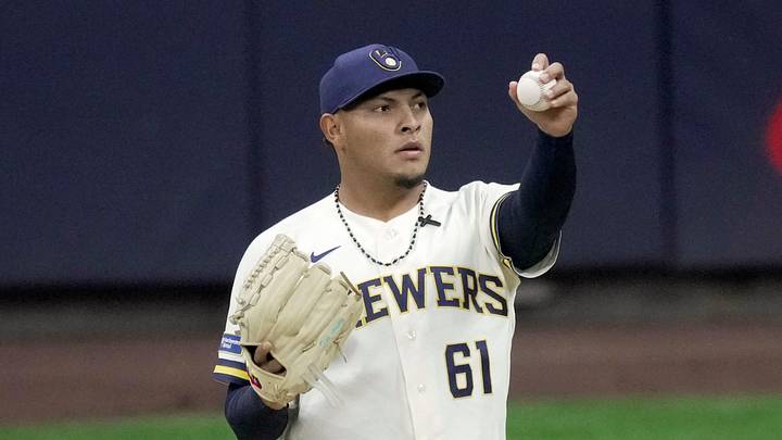 Milwaukee Brewers pitcher Angel Zerpa (61) takes a moment during the eighth inning of their game against the Tampa Bay Rays Monday, March 30, 2026 American Family Field in Milwaukee, Wisconsin.