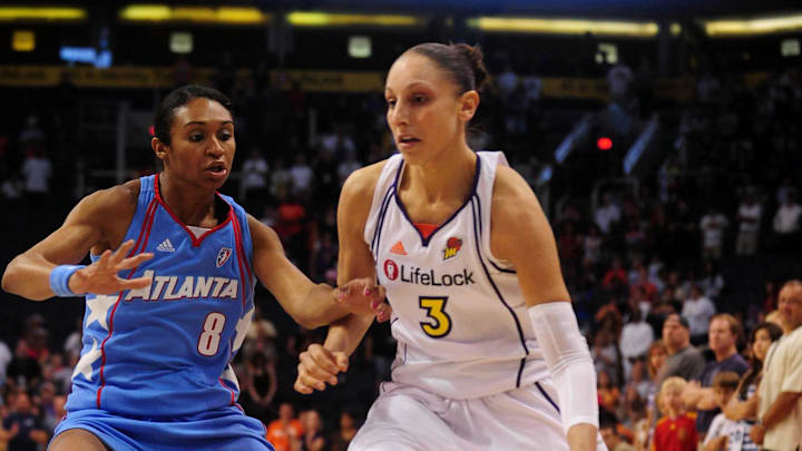 May 28, 2010; Phoenix, AZ, USA; Phoenix Mercury guard Diana Taurasi (3) drives the ball against Atlanta Dream guard Iziane Castro Marques (8) during the first quarter at US Airways Center. Mandatory Credit: Jennifer Stewart-Imagn Images May 28, 2010; Phoenix, AZ, USA; Phoenix Mercury guard Diana Taurasi (3) drives the ball against Atlanta Dream guard Iziane Castro Marques (8) during the first quarter at US Airways Center. Mandatory Credit: Jennifer Stewart-Imagn Images