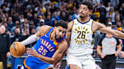 Oct 23, 2025; Indianapolis, Indiana, USA;  Oklahoma City Thunder guard Ajay Mitchell (25) dribbles  the ball while Indiana Pacers guard Ben Sheppard (26)  defends in the second half at Gainbridge Fieldhouse. Mandatory Credit: Trevor Ruszkowski-Imagn Images