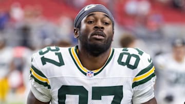 Oct 19, 2025; Glendale, Arizona, USA; Green Bay Packers wide receiver Romeo Doubs (87) against the Arizona Cardinals at State Farm Stadium. 