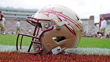 Oct 7, 2017; Tallahassee, FL, USA; View of a Florida State Seminoles helmet on the field before the game against the Miami Hurricanes at Doak Campbell Stadium. Mandatory Credit: Melina Vastola-Imagn Images