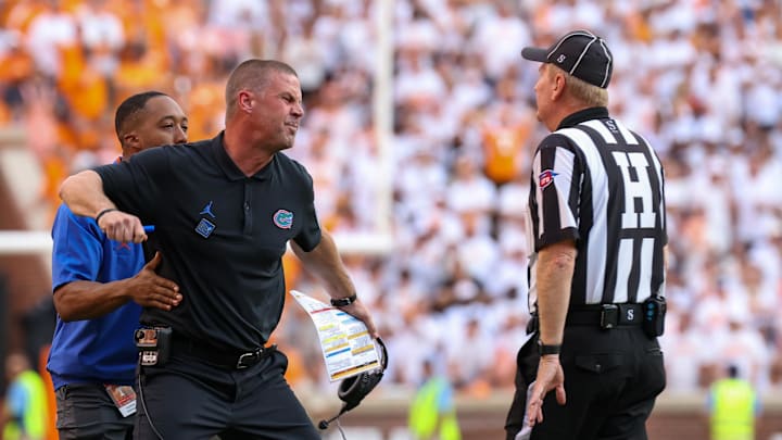 Sep 24, 2022; Knoxville, Tennessee, USA; Florida Gators head coach Billy Napier argues with an official during the second half against the Tennessee Volunteers at Neyland Stadium. Mandatory Credit: Randy Sartin-Imagn Images