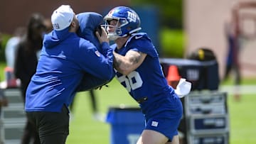 May 10, 2025; East Rutherford, NJ, USA; New York Giants tight end Thomas Fidone II (86) participates in a drill during rookie minicamp at Quest Diagnostics Training Center. Mandatory Credit: John Jones-Imagn Images