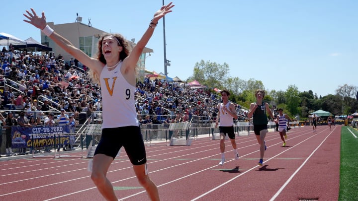 Ventura's Anthony Fast Horse celebrates after finishing second in the Division 2 boys 1,600-meter run at the CIF-SS Divisional Track and Field Finals at Moorpark High on Saturday, May 11, 2024. Fast Horse also took second in the 800 to help Ventura win the team title.