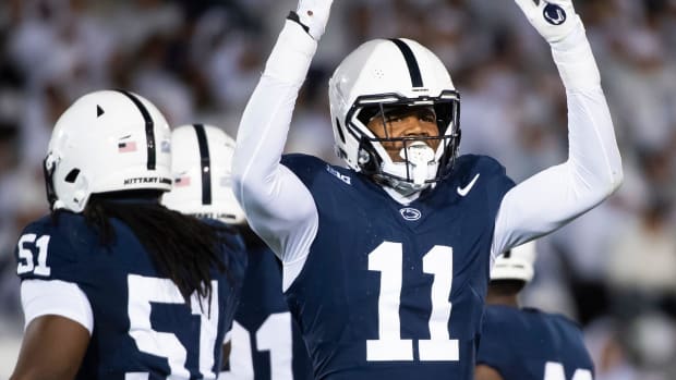 Penn State linebacker Abdul Carter (11) motions to the crowd during a White Out game against Iowa Saturday, Sept. 23, 2023, in State College, Pa. Carter, a sophomore, has recorded 11 total tackles, one sack and one interception through the first four games of the season.