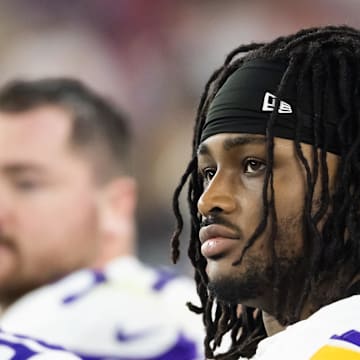 Jan 13, 2025; Glendale, AZ, USA; Minnesota Vikings linebacker Dallas Turner (15) against the Los Angeles Rams during an NFC wild card game at State Farm Stadium. Mandatory Credit: Mark J. Rebilas-Imagn Images