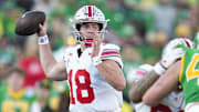 Ohio State Buckeyes quarterback Will Howard (18) throws during the first half of the College Football Playoff quarterfinal against the Oregon Ducks at the Rose Bowl in Pasadena, Calif. on Jan. 1, 2025.