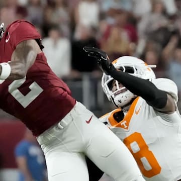Oct 18, 2025; Tuscaloosa, Alabama, USA; Alabama Crimson Tide wide receiver Ryan Williams (2) makes a catch while being defended by Tennessee Volunteers defensive back Colton Hood (8) at Saban Field at Bryant-Denny Stadium. Mandatory Credit: Gary Cosby-USA TODAY Network via Imagn Images