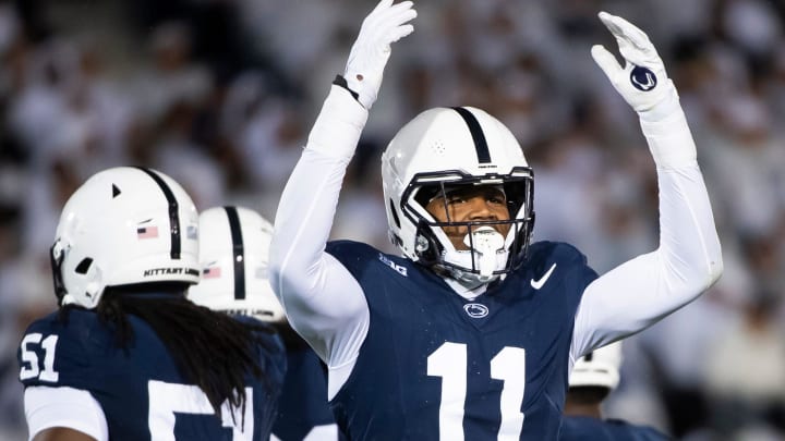 Penn State linebacker Abdul Carter motions to the crowd during the 2023 White Out game against Iowa at Beaver Stadium.