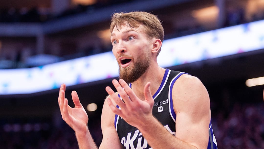 Jan 5, 2024; Sacramento, California, USA; Sacramento Kings forward Domantas Sabonis (10) reacts after committing a foul against the Toronto Raptors at Golden 1 Center.