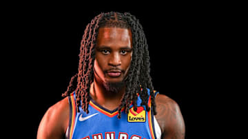 Oklahoma guard Cason Wallace (22) poses for a photo shoot during Thunder media day at Paycom Center in Oklahoma City on Monday, Sept. 29, 2025.