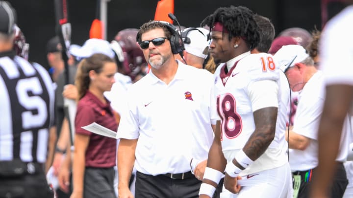 Aug 31, 2024; Nashville, Tennessee, USA;  Virginia Tech Hokies head coach Brent Pry looks on against the Vanderbilt Commodores during the second half at FirstBank Stadium. Mandatory Credit: Steve Roberts-USA TODAY Sports