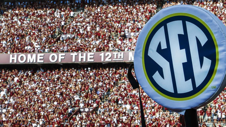 Sep 3, 2016; College Station, TX, USA; The east stands of Kyle Field with SEC logo on chains during a game between the Texas A&M Aggies and the UCLA Bruins. Texas A&M won in overtime 31-24. Mandatory Credit: Ray Carlin-USA TODAY Sports