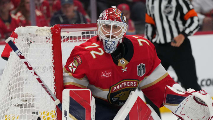 Jun 10, 2024; Sunrise, Florida, USA; Florida Panthers goaltender Sergei Bobrovsky (72) watches play during the third period against the Edmonton Oilers in game two of the 2024 Stanley Cup Final at Amerant Bank Arena. Mandatory Credit: Jim Rassol-USA TODAY Sports