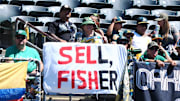 Sep 4, 2023; Oakland, California, USA; A sign reading  sell, Fisher  displayed along the outfield wall in reference Oakland Athletics owner John Fisher (not pictured) during the first inning against the Toronto Blue Jays at Oakland-Alameda County Coliseum. 