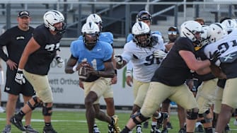 UCF quarterback Jacurri Brown during UCF Spring football practice at FBC Mortgage Stadium in Orlando, Friday, April 11, 2025.