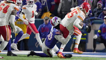 Buffalo Bills defensive end Greg Rousseau brings down Kansas City Chiefs quarterback Patrick Mahomes near the end zone during second half action against the Kansas City Chiefs at Highmark Stadium in Orchard Park on Nov. 2, 2025.