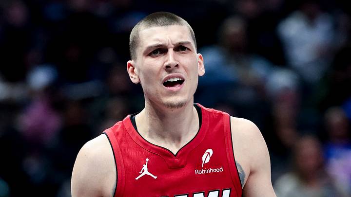 Miami Heat guard Tyler Herro (14) reacts during the first half against the Dallas Mavericks at American Airlines Center on February 13, 2025.