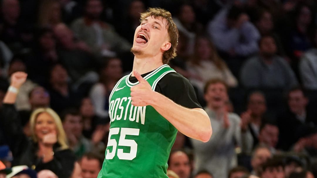 Apr 9, 2026; New York, New York, USA; Boston Celtics guard Baylor Scheierman (55) reacts after hitting a three pointer during the fourth quarter against the New York Knicks at Madison Square Garden. Mandatory Credit: Lucas Boland-Imagn Images