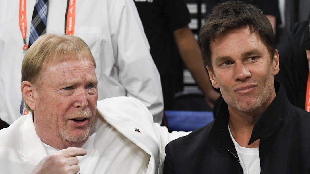 Oct 8, 2023; Las Vegas, Nevada, USA; Las Vegas Aces owner Mark Davis and part-owner Tom Brady talk before the game between the Las Vegas Aces and the New York Liberty during game one of the 2023 WNBA Finals at Michelob Ultra Arena. Mandatory Credit: Candice Ward-Imagn Images