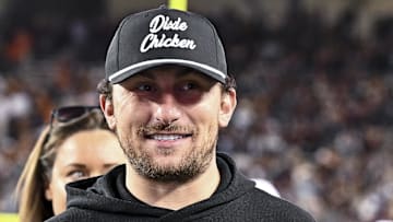 Nov 30, 2024; College Station, Texas, USA; Former Texas A&M and Cleveland Browns quarterback Johnny Manziel looks on prior to the game against the Texas Longhorns.