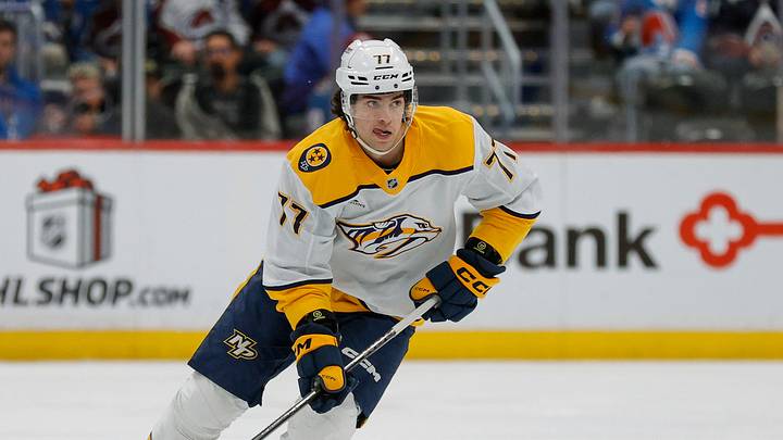 Dec 13, 2025; Denver, Colorado, USA; Nashville Predators right wing Luke Evangelista (77) controls the puck in the first period against the Colorado Avalanche at Ball Arena. Mandatory Credit: Isaiah J. Downing-Imagn Images Dec 13, 2025; Denver, Colorado, USA; Nashville Predators right wing Luke Evangelista (77) controls the puck in the first period against the Colorado Avalanche at Ball Arena. Mandatory Credit: Isaiah J. Downing-Imagn Images