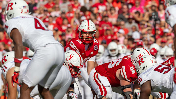 Nebraska quarterback Dylan Raiola scans the Rutgers defense.