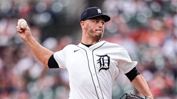 Detroit Tigers pitcher Tanner Rainey throws against Atlanta Braves during the ninth inning at Comerica Park in Detroit on Sunday, Sept. 21, 2025.