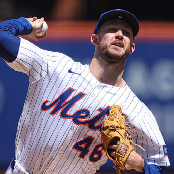 May 11, 2025; New York City, New York, USA; New York Mets starting pitcher Griffin Canning (46) delivers a pitch during the third inning against the Chicago Cubs at Citi Field. Mandatory Credit: Vincent Carchietta-Imagn Images
