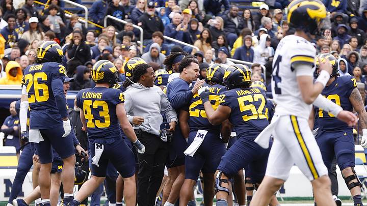 Apr 18, 2026; Ann Arbor, MI, USA; Michigan Wolverines celebrate during the first half at Michigan Stadium. Mandatory Credit: Brian Bradshaw Sevald-Imagn Images