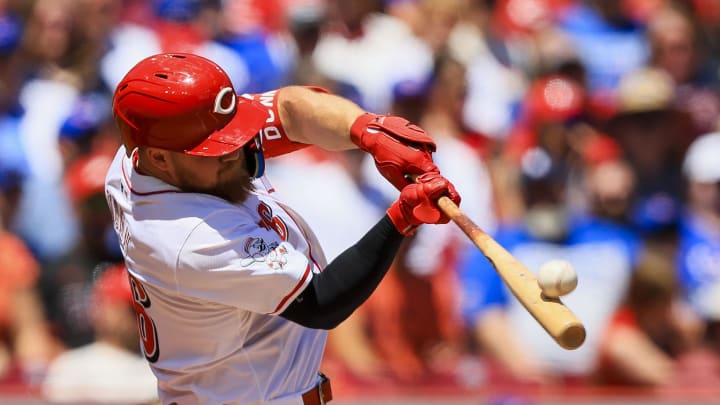 Jun 9, 2024; Cincinnati, Ohio, USA; Cincinnati Reds outfielder Blake Dunn (76) bats against the Chicago Cubs in the third inning at Great American Ball Park. Mandatory Credit: Katie Stratman-USA TODAY Sports