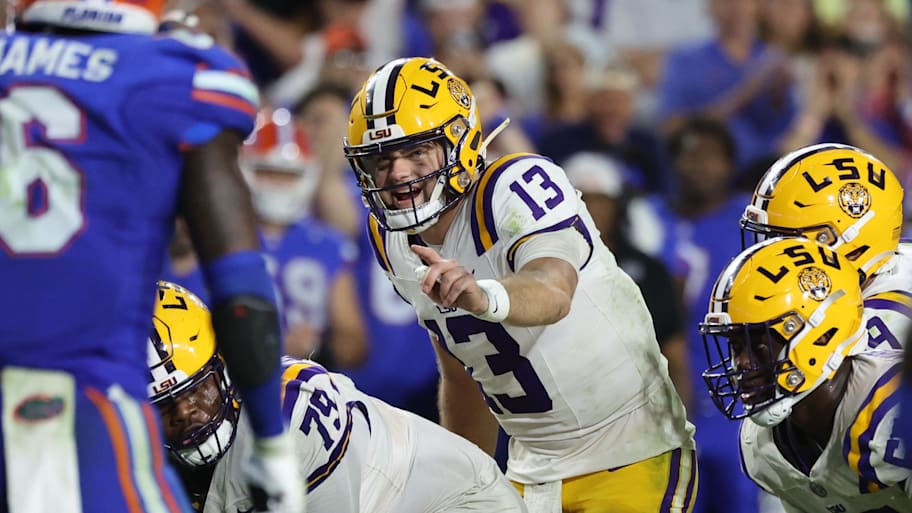 LSU quarterback Garrett Nussmeier makes a call at the line during the 2024 game against Florida.