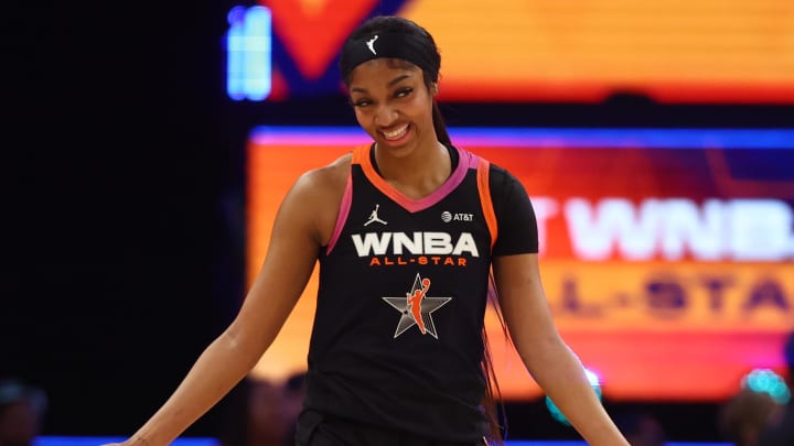 Jul 20, 2024; Phoenix, AZ, USA; Chicago Sky player Angel Reese reacts during the WNBA All Star Game at Footprint Center. Mandatory Credit: Mark J. Rebilas-USA TODAY Sports