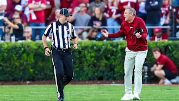 Oct 25, 2025; Columbia, South Carolina, USA; South Carolina Gamecocks head coach Shane Beamer reacts to a play against the Alabama Crimson Tide in the second quarter at Williams-Brice Stadium. Mandatory Credit: Jeff Blake-Imagn Images
