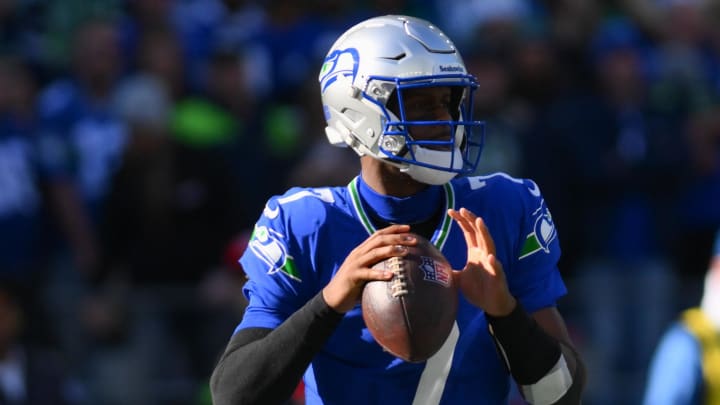 Oct 29, 2023; Seattle, Washington, USA; Seattle Seahawks quarterback Geno Smith (7) against the Cleveland Browns at Lumen Field. Mandatory Credit: Steven Bisig-USA TODAY Sports