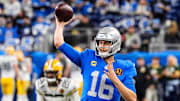 Detroit Lions quarterback Jared Goff (16) warms up ahead of the Green Bay Packers game at Ford Field in Detroit on Thursday, Nov. 27, 2025.