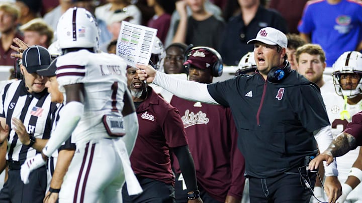 Oct 18, 2025; Gainesville, Florida, USA; Mississippi State Bulldogs head coach Jeff Lebby calls a play against the Florida Gators during the second half at Ben Hill Griffin Stadium. Mandatory Credit: Matt Pendleton-Imagn Images
