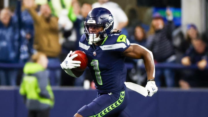 Aug 24, 2024; Seattle, Washington, USA; Seattle Seahawks wide receiver Dee Eskridge (1) returns a punt for a touchdown against the Cleveland Browns during the second quarter at Lumen Field. Mandatory Credit: Joe Nicholson-USA TODAY Sports